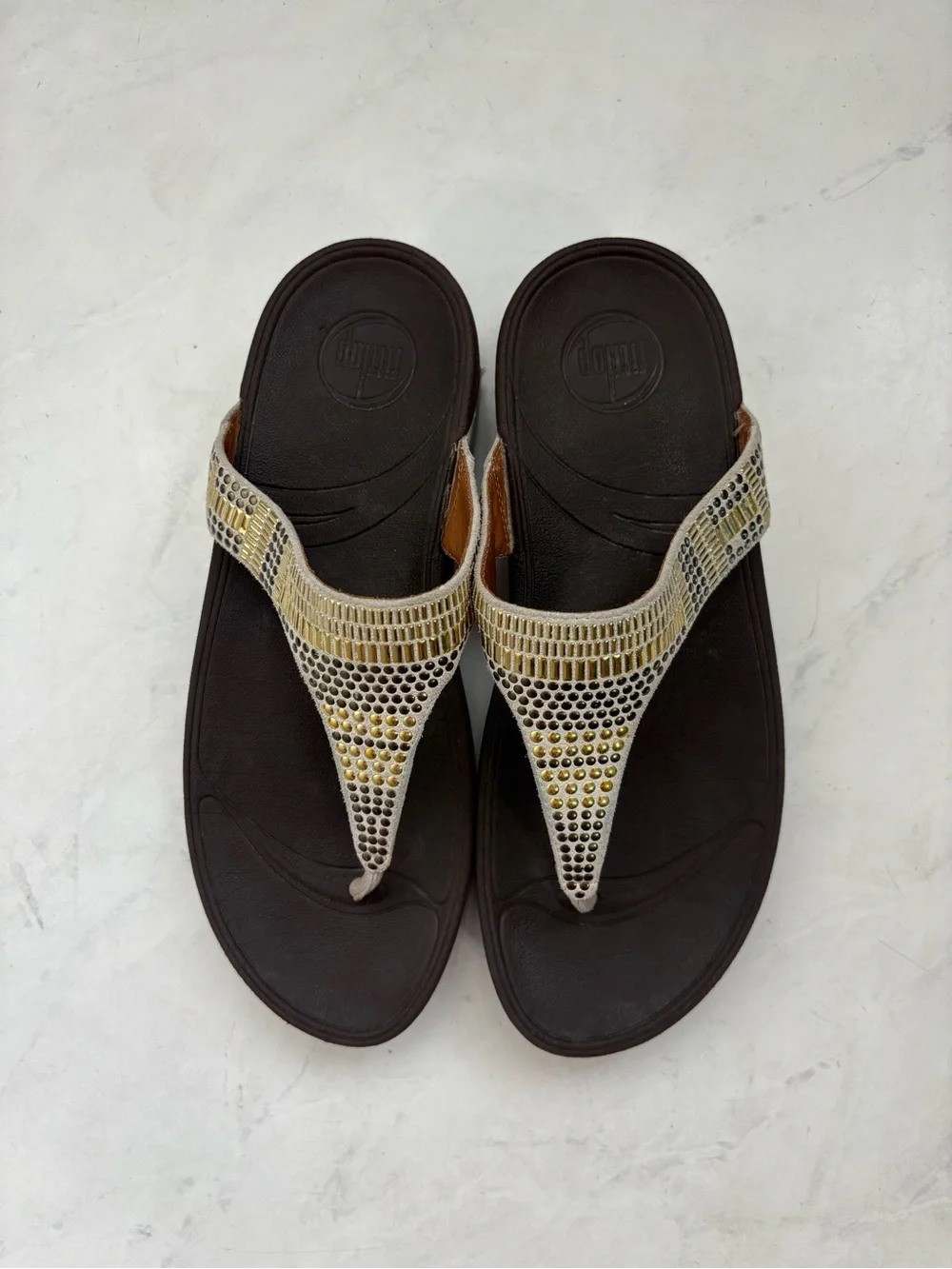 Fitflop Size 8 Beige Gold Aztec Chanda Platform Sandals Wedge Travel Resortwear